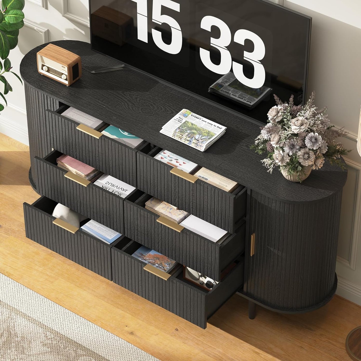 Modern Curved Fluted TV Stand for TVs up to 70 Inches, TV Console with Sliding Doors and Drawers, Credenza with Storage Cabinet for Living Room, 63 Inch, Black