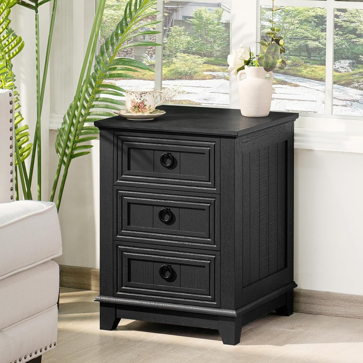 18" Farmhouse Night Stand with 3 Drawers, Wood End Table Dresser for Bedroom, Black Nightstand, Bed Side Table with Metal Handle, Bedside Cabinet for Bedroom Living Room, Closet