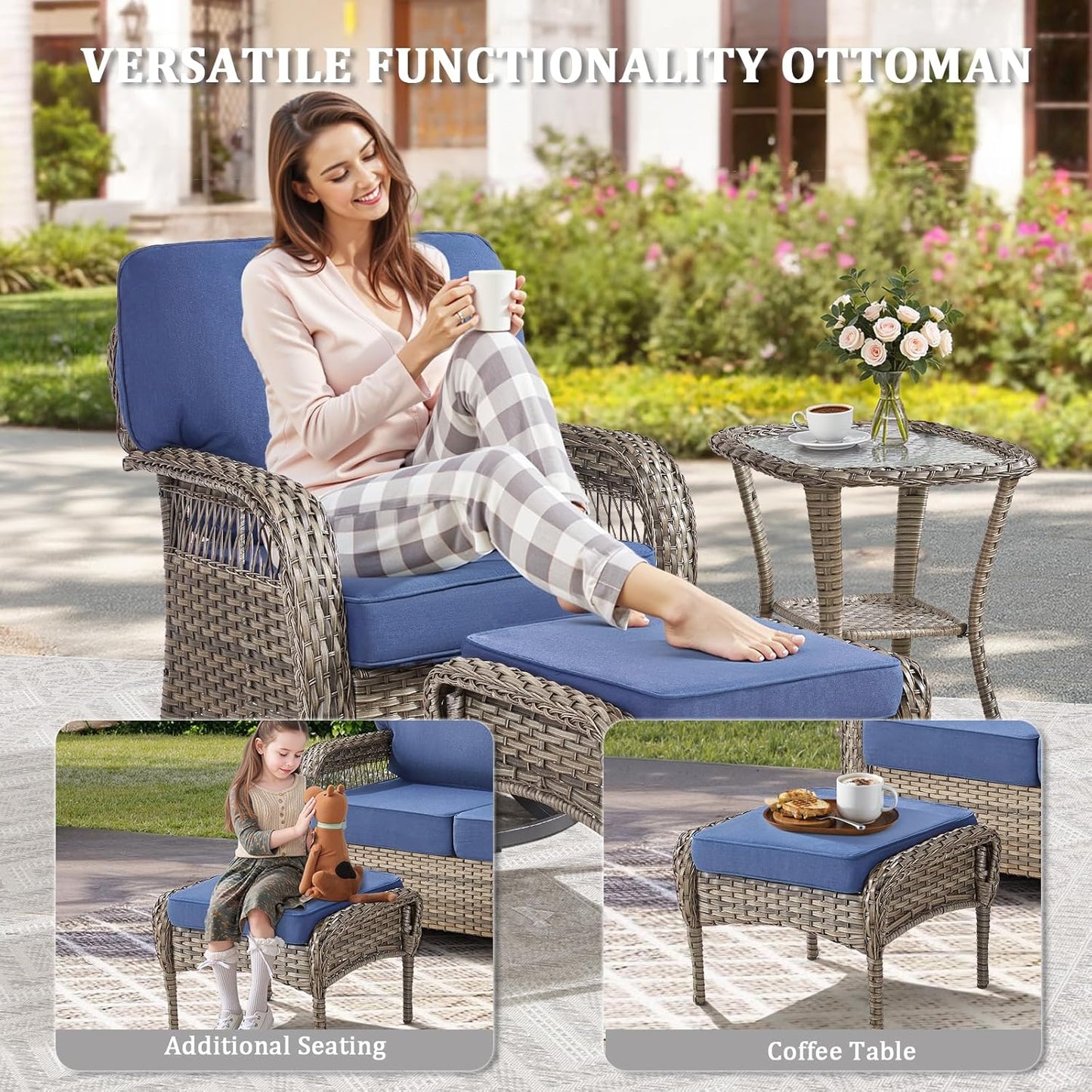 10 Pieces Patio Furniture Set Outdoor Sectional Sofa Couch with Rocking Swivel Chairs 5" Deep Seat Chairs, Modern Wicker Rattan Conversation Set, Blue/Gray Wicker