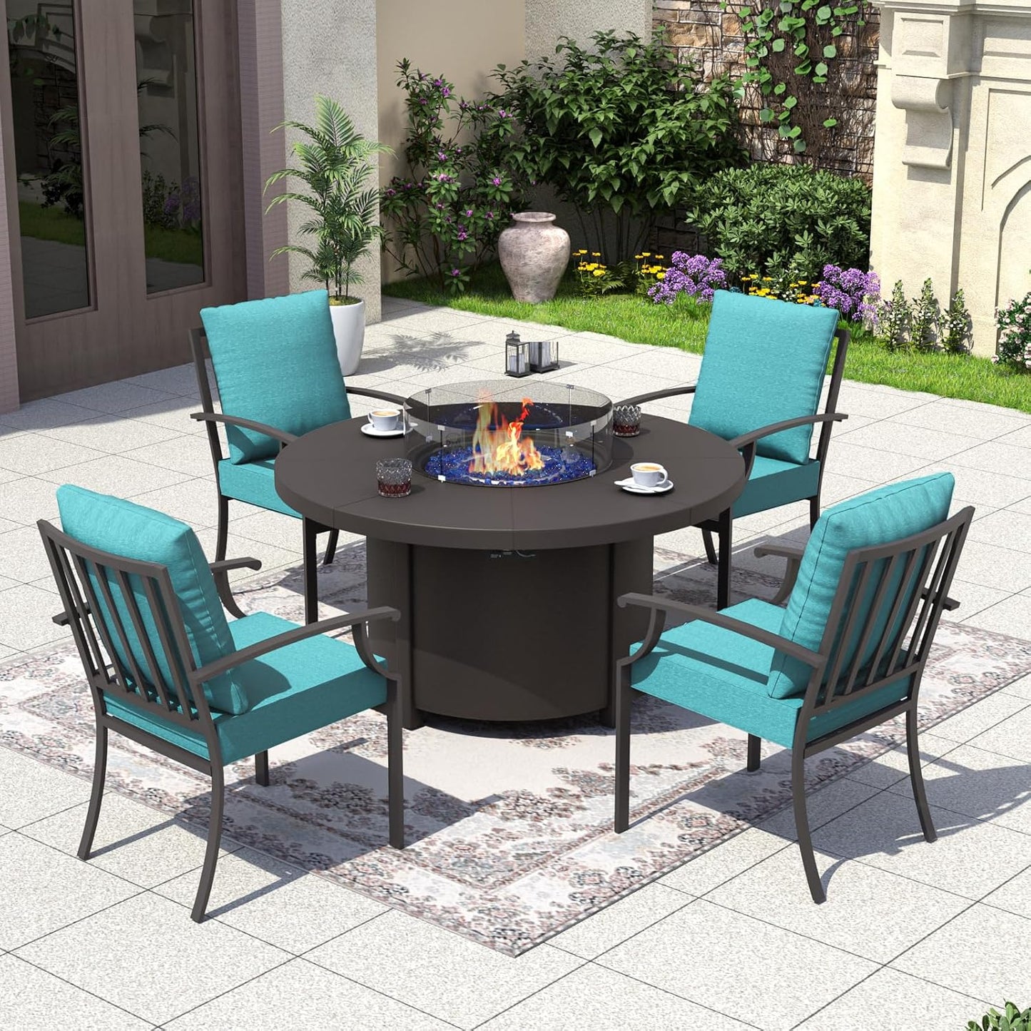 Kurapika 5 Piece Metal Outdoor Patio Furniture Set with Round Fire Pit Table, Patio Conversation Sets 4 Fixed Chairs with Thick Cushion and 40000 BTU Fire Pit Table, Blue