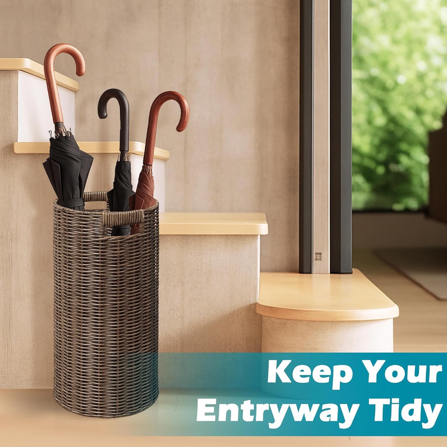 Rattan Umbrella Holder 20.8" H X 10" D,Handmade Wicker Umbrella Stand Indoor with Dip Tray,Sturdy Umbrella Holders for Entryway,Umbrella Bucket Fits Mudroom,Walking Canes,Home,Office (Brown)