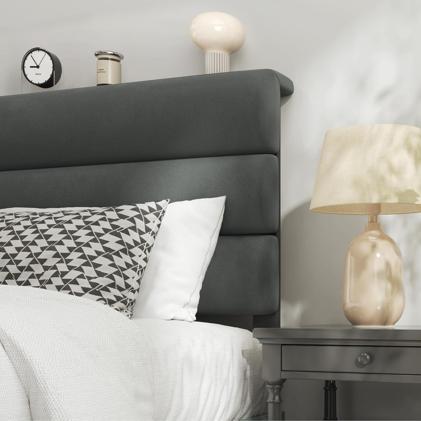 Queen Bed Frame, Platform Bed Frame with Velvet Upholstered Headboard, No Box Spring Needed, Sturdy Metal Support, Noise Free, Easy Assembly, Modern Bedroom Furniture, Grey