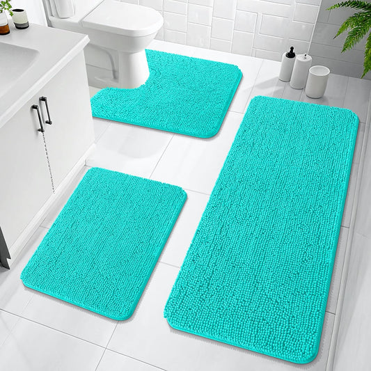 OLANLY Bathroom Rugs Sets 3 Piece, Soft Absorbent Chenille Bath Mats and U-Shaped Contour Toilet Rug, Quick Dry, Home Decor Accessories, Bath Mat Set for Bathroom (47"x20"+24"x16"+24"x20", Teal)