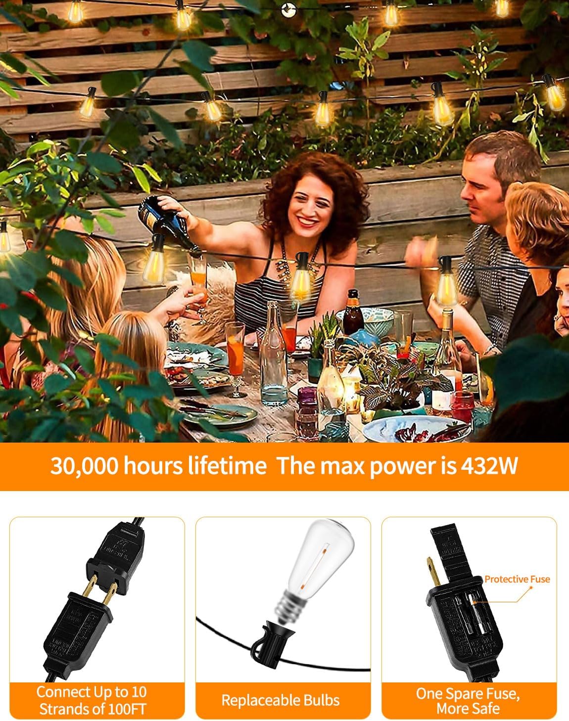 LED Outdoor String Lights 100ft ST38 Waterproof Patio Lights with 50 Vintage Shatterproof Bulbs(3 Spare), Dimmable Outside Hanging Edison String Lights for Backyard Porch Balcony Decor, Warm White