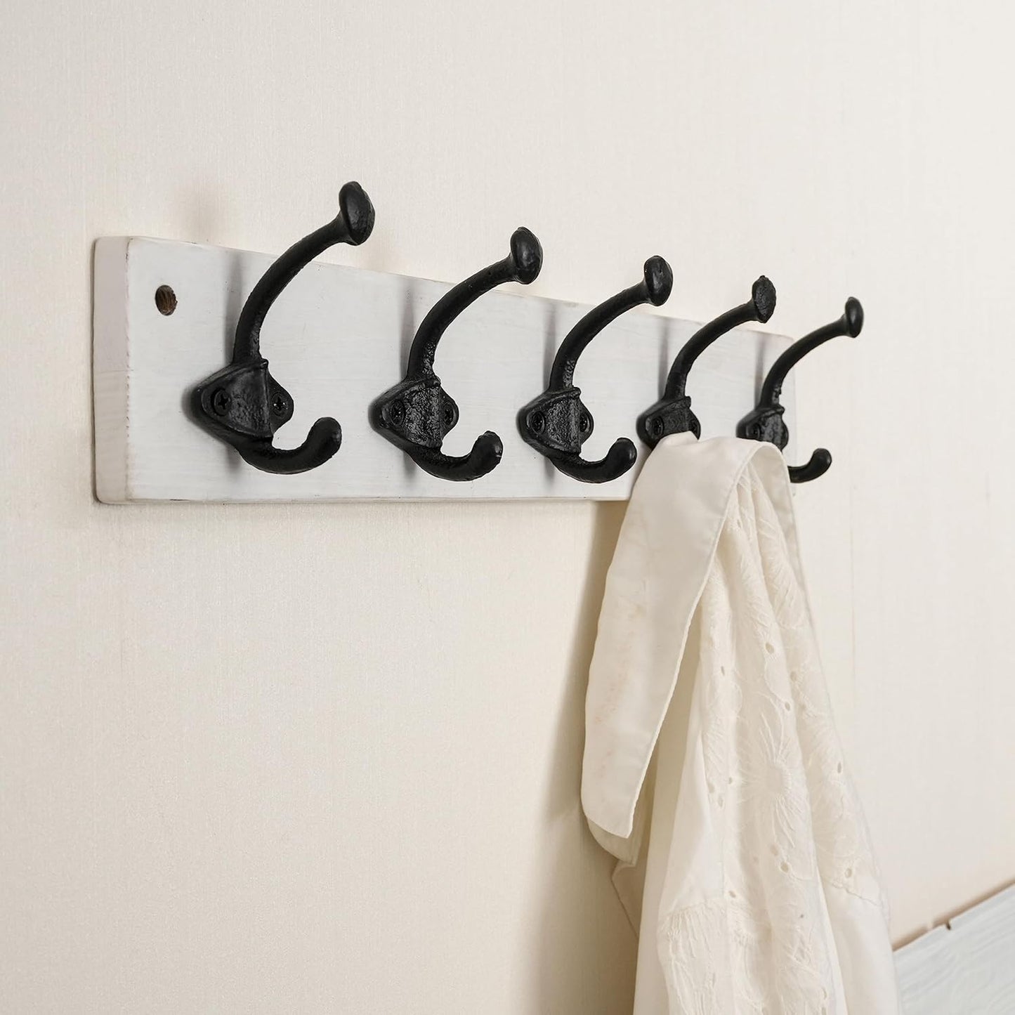 WEBI Rustic Coat Rack Wall Mount,5 Cast Iron Hooks,Coat Hooks Wall Mounted,Heavy Duty Antique Vintage Hooks for Hanging Coats,Jacket,Clothes,Black on White
