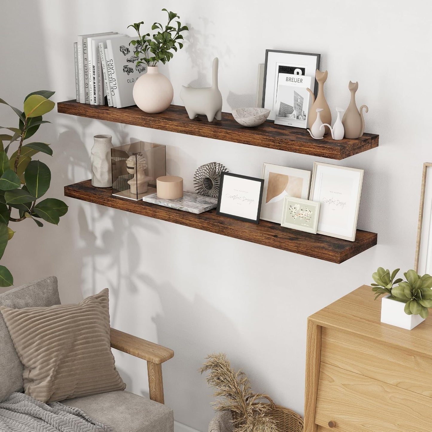 55 Inch Floating Shelves Set of 2, Rustic 55 x 9.3 Floating Shelf for Wall, 9.3 Inch Deep Wall Shelves Invisible Bracket, Large Deep Shelving for Bedroom, Kicten, Living Room, Rustic Brown Color