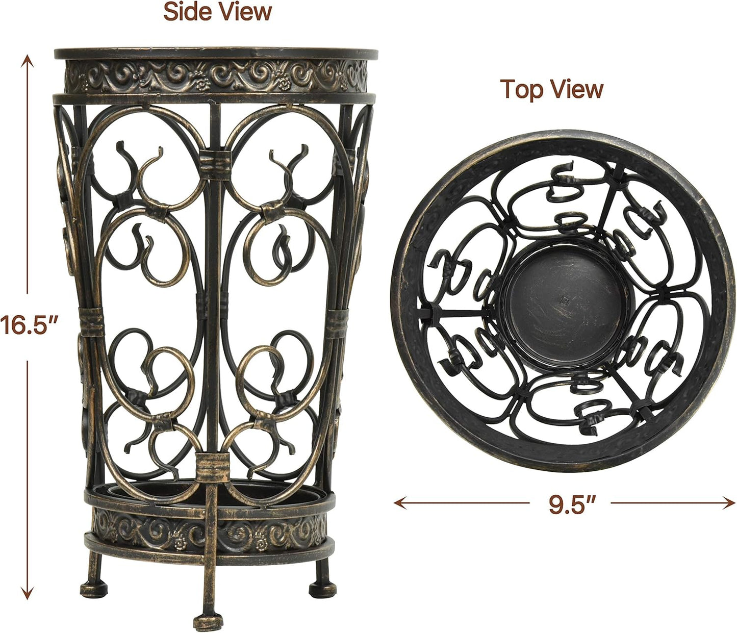 Dualplex Umbrella Holder for Entryway, Umbrella Stand Metal Antique Look, Indoor Entry Hallway Décor, Round Style with Removable Drip Tray. Home Office Rack Holds Umbrellas Canes Walking Sticks