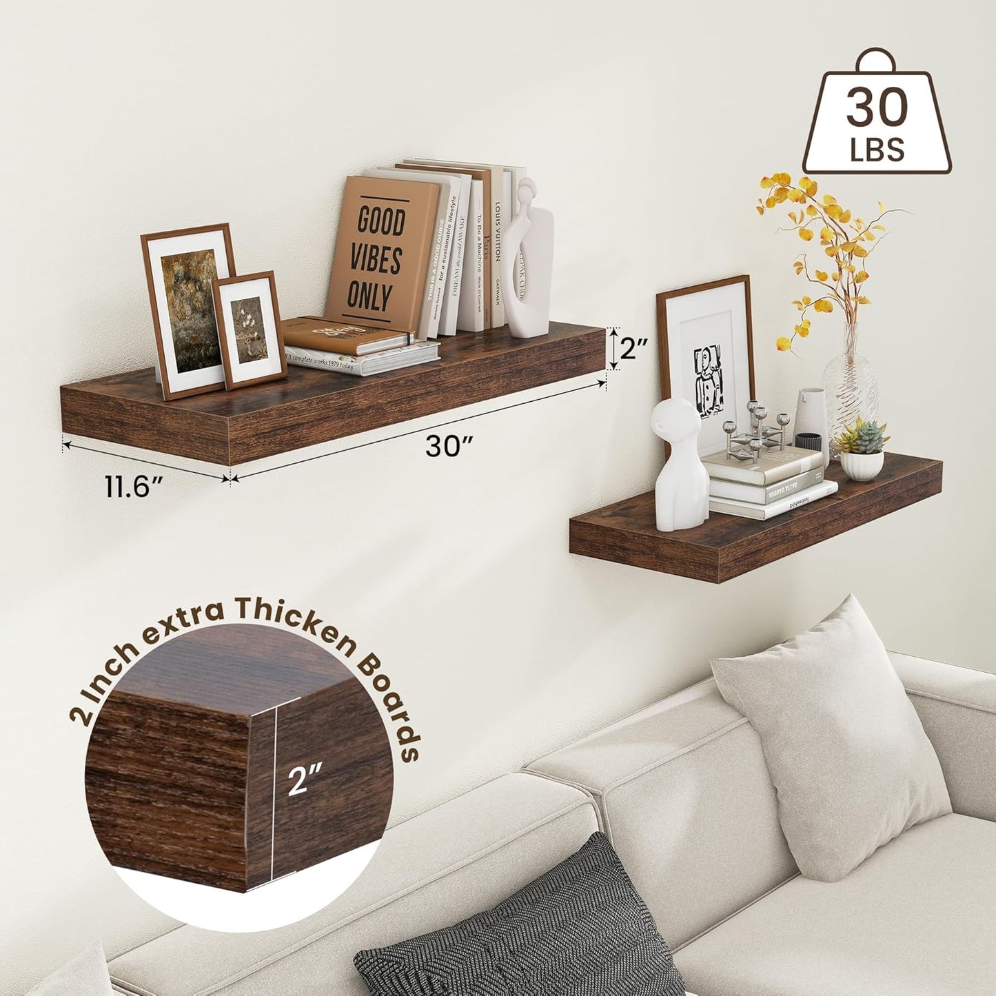 30 Inch Floating Shelves for Wall -30 Inch Wide x 12 Inch Deep Floating Shelves Set of 2 - Rustic Wide Wood Shelves for Living Room Bathroom Laundry Room Kitchen Home Office