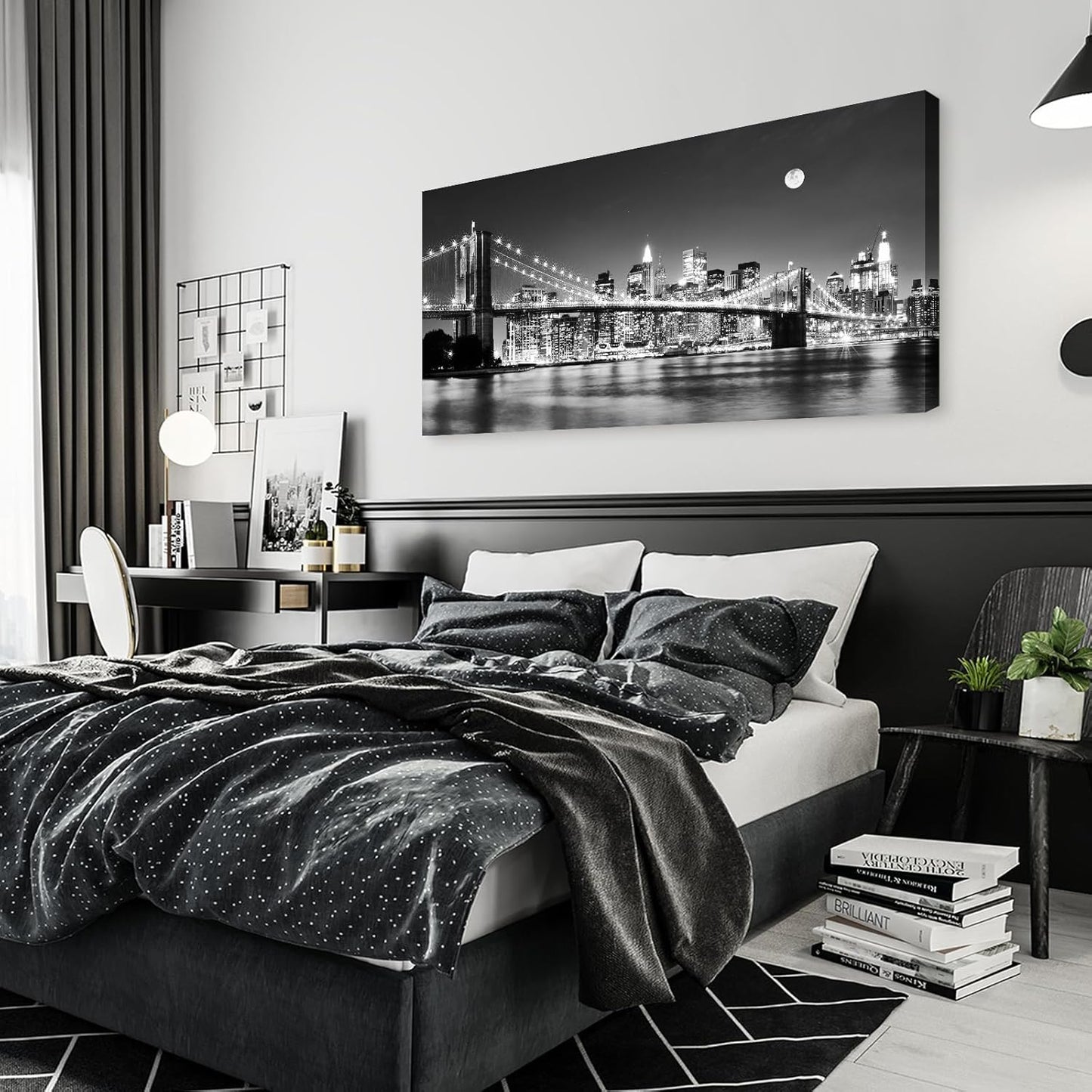 Baisuart-Q30398 Brooklyn Bridge Night View 1 Panels Landscape Artwork Canvas Prints Moon Night New York City Scene Picture Paintings Black and white Wall Art for Oiffce Home Decorations Wall Decor