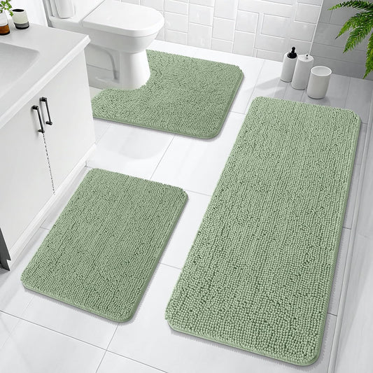OLANLY Bathroom Rugs Sets 3 Piece, Soft Absorbent Chenille Bath Mats and U-Shaped Contour Toilet Rug, Quick Dry, Home Decor Accessories, Bath Mat Set for Bathroom (47"x20"+24"x16"+24"x20", Sage Green)