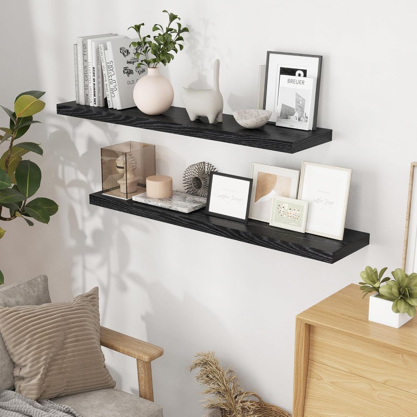 Fun Memories Black Floating Shelves 48 Inch Long, Wood Wall Shelves 48x9.3x1.5, 9.3 Inch Deep Floating Shelf for Wall, Large Black Shelves for Home Decor & Storage, Set of 2