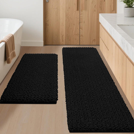ACCUMTEK Upgrade Luxury 2 Piece Black Toilet Bathroom Rug Mat 48"x20"+24"x17", Ultra Soft Thick Absorbent Bath Mats, Non Slip Chenille Toilet Mat for Bathroom, Bedroom, Kitchen, Shower, Tub