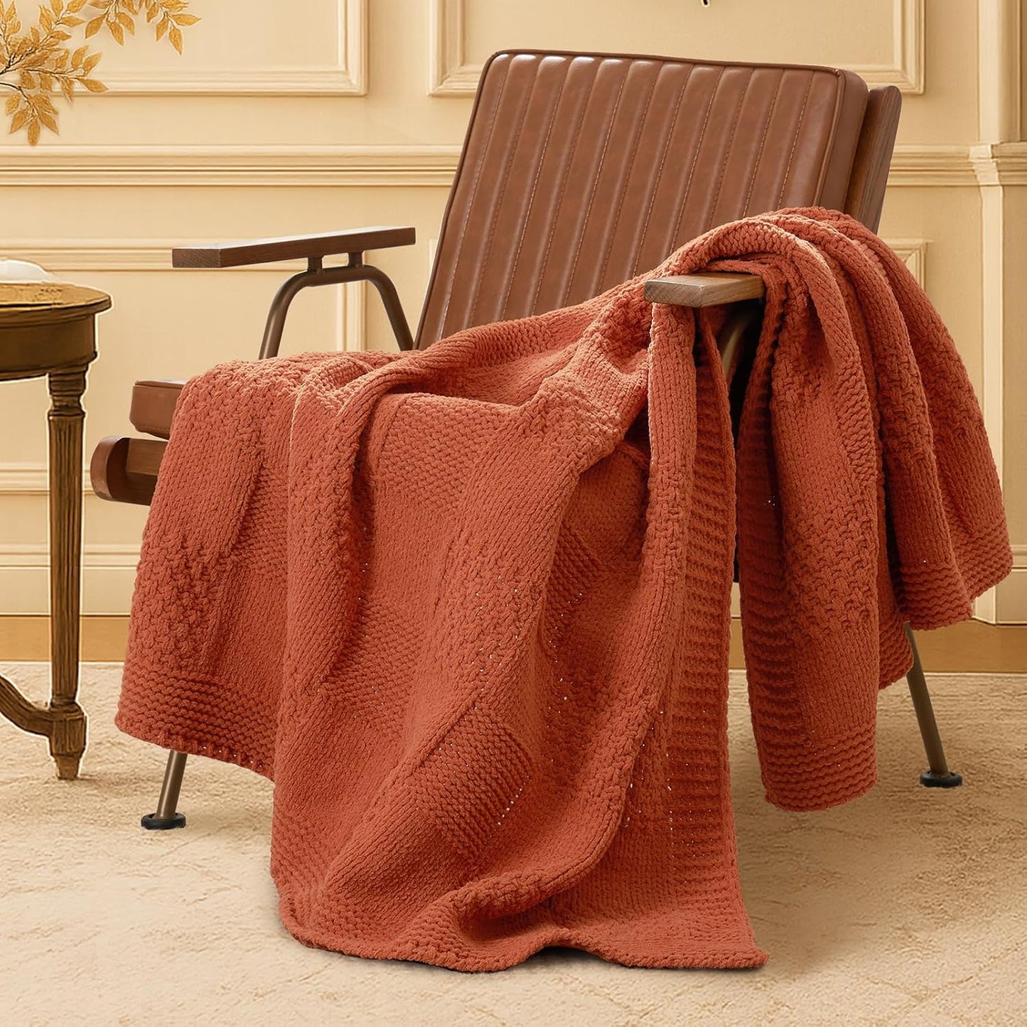 Amélie Home Checkered Chenille Knit Throw Blanket for Couch, Classic Texture Decorative Soft Blanket for Sofa, Chair & Bedroom, 50"x60", Burnt Orange