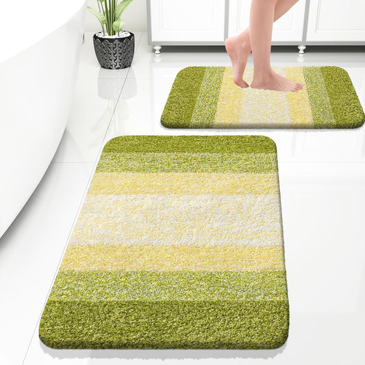 OLANLY Bathroom Rug Set 2 Piece, Soft Absorbent Microfiber Bath Rug Set, Non-Slip, Machine Wash Dry, Plush Shaggy Bath Mats for Bathroom (30"x20"+24"x16", Olive Green)