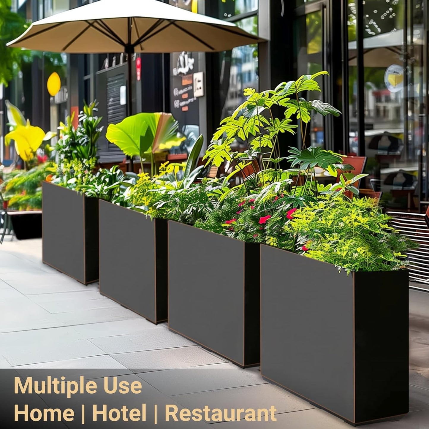 Wallowa Metallic Heavy Outdoor Planter Box, Span Planter, Long and Tall Divider, 30Lx10Wx24H, Black with Gold Rim, 30.8 Pounds