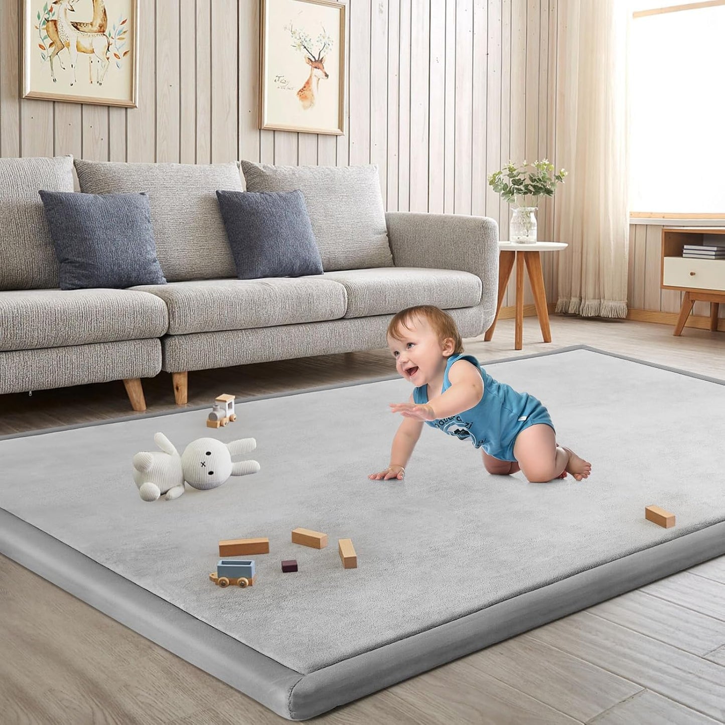 Baby Play Mat for Floor Tummy Time Nursery Rug Muscle Mat Area Playroom Rug Tatami 4'11x3'28" Memory Foam 1.3" Thick Crawling For Babies,Toddlers, Infants, Kids(Light Gray)