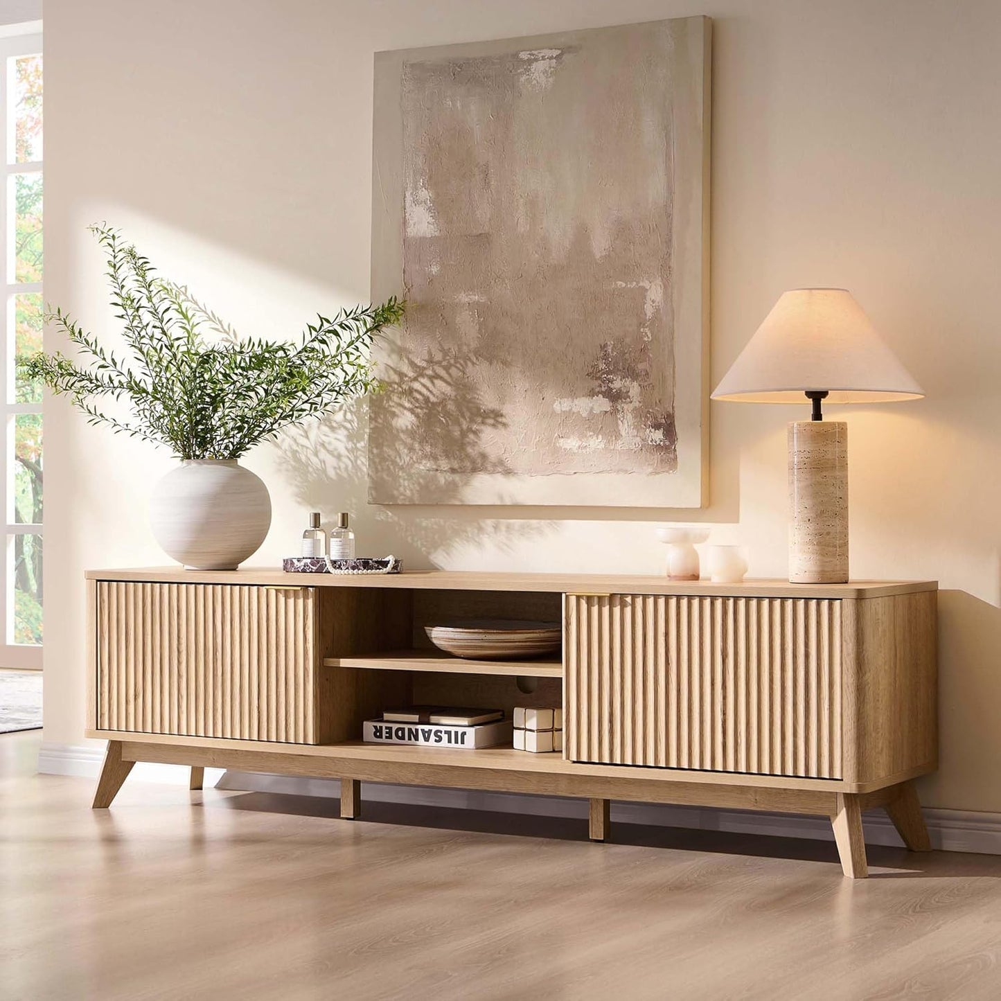 OKD 70" Mid Century Modern Fluted TV Stand, Entertainment Center, Sideboard, Media Console for Living Room with 2 Soft Close Door/Adjustable Shelves (Natural Oak)