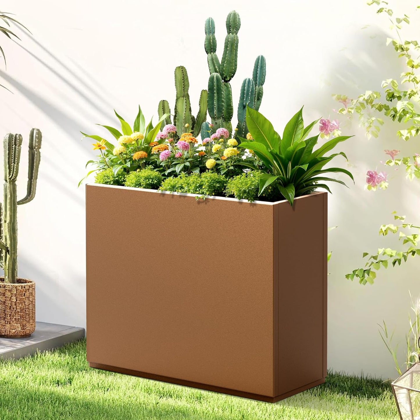 Large Rectangle Planter Metal Brown Planter Box with a Drainage Hole and a Removable Divider Indoor Outdoor Porch Pots for Tall Plants, Trees, Flowers 29.92" x 12.01" x 24.02" Brown
