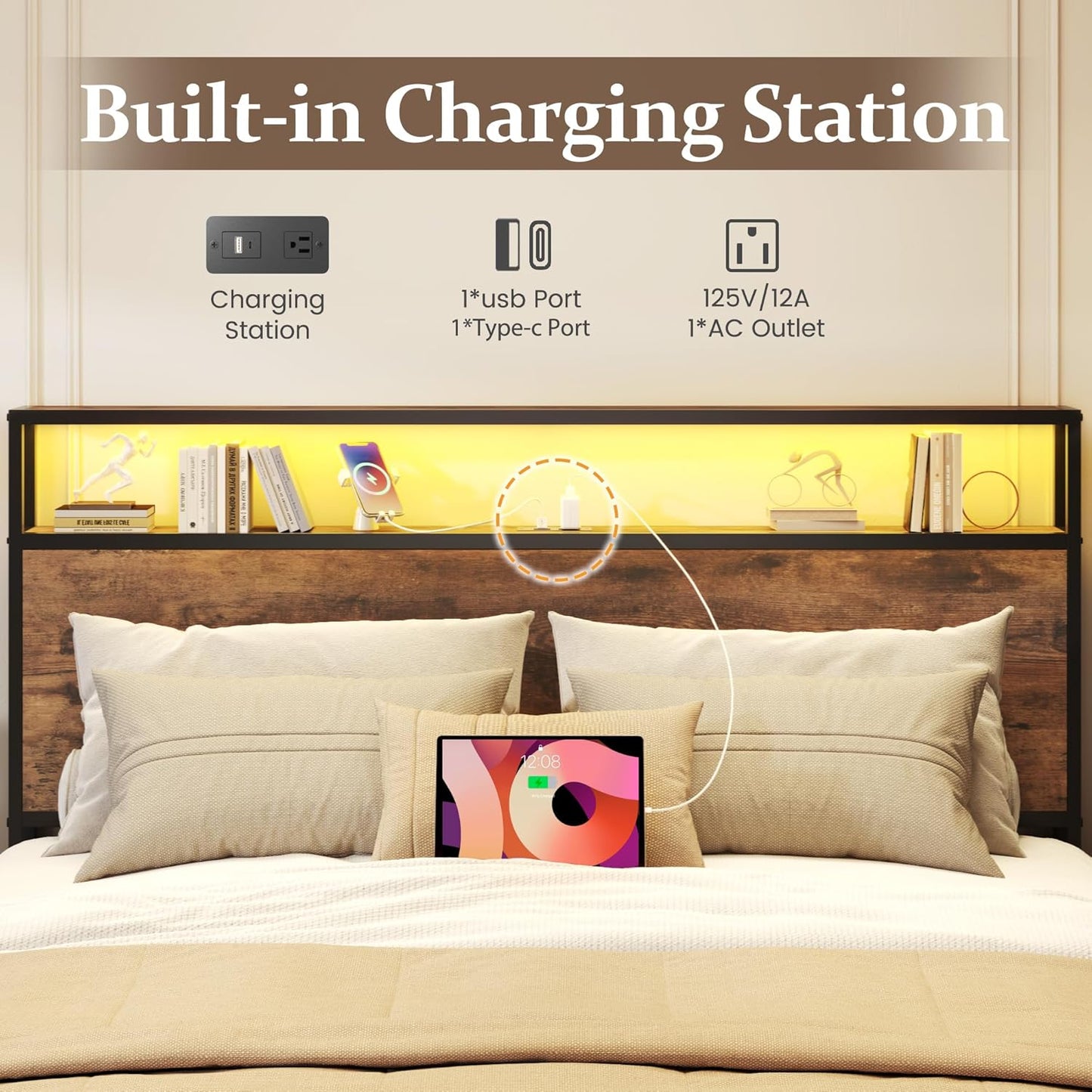 Lifezone Full Bed Frame with 2-Tier Storage Headboard, Metal Bed Frame with Storage Drawers & Built-in Charging Station & LED, Noise-Free, No Box Spring Needed, Easy Assembly, Retro Brown