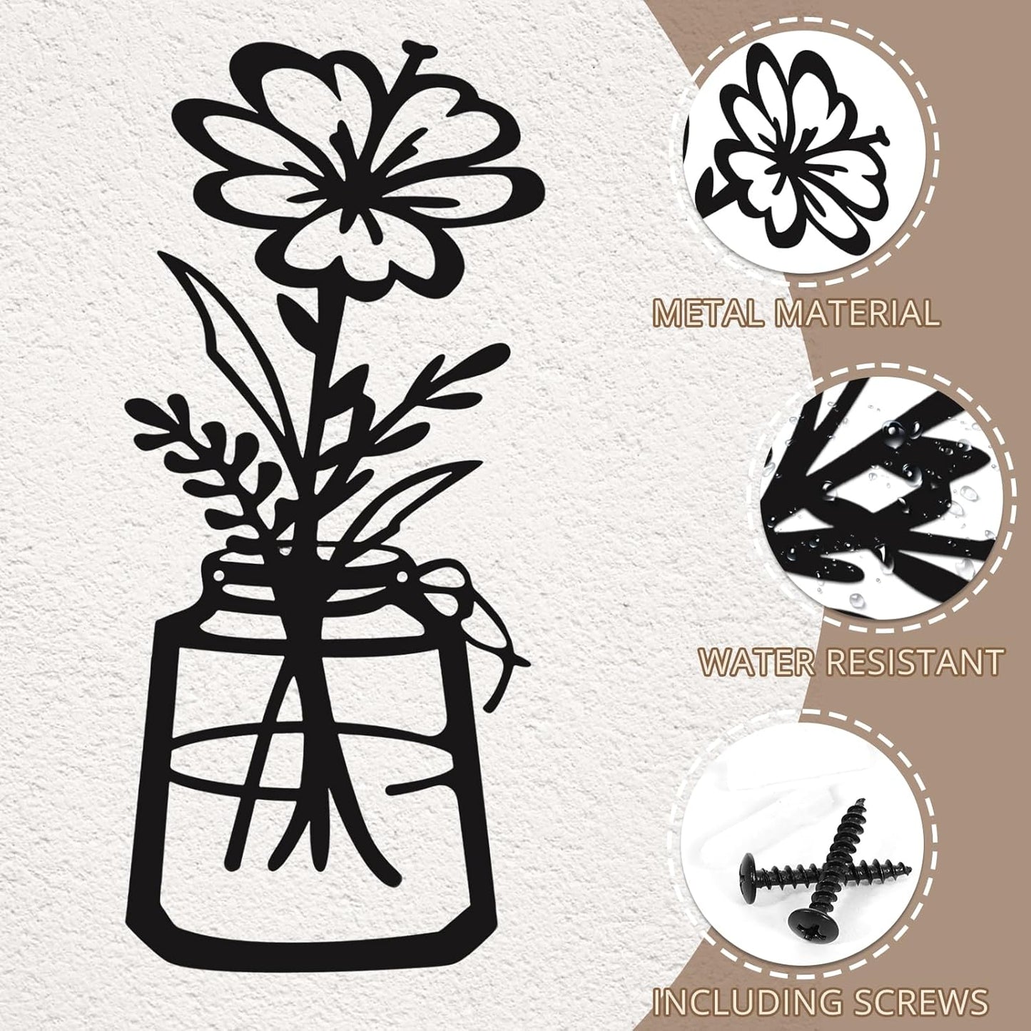 Metal Flower Wall Art 3 Pieces, Rustic Farmhouse Decor Wall Decor, Metal Wall Sculptures Hanging for Kitchen Bathroom Living Room (Black)