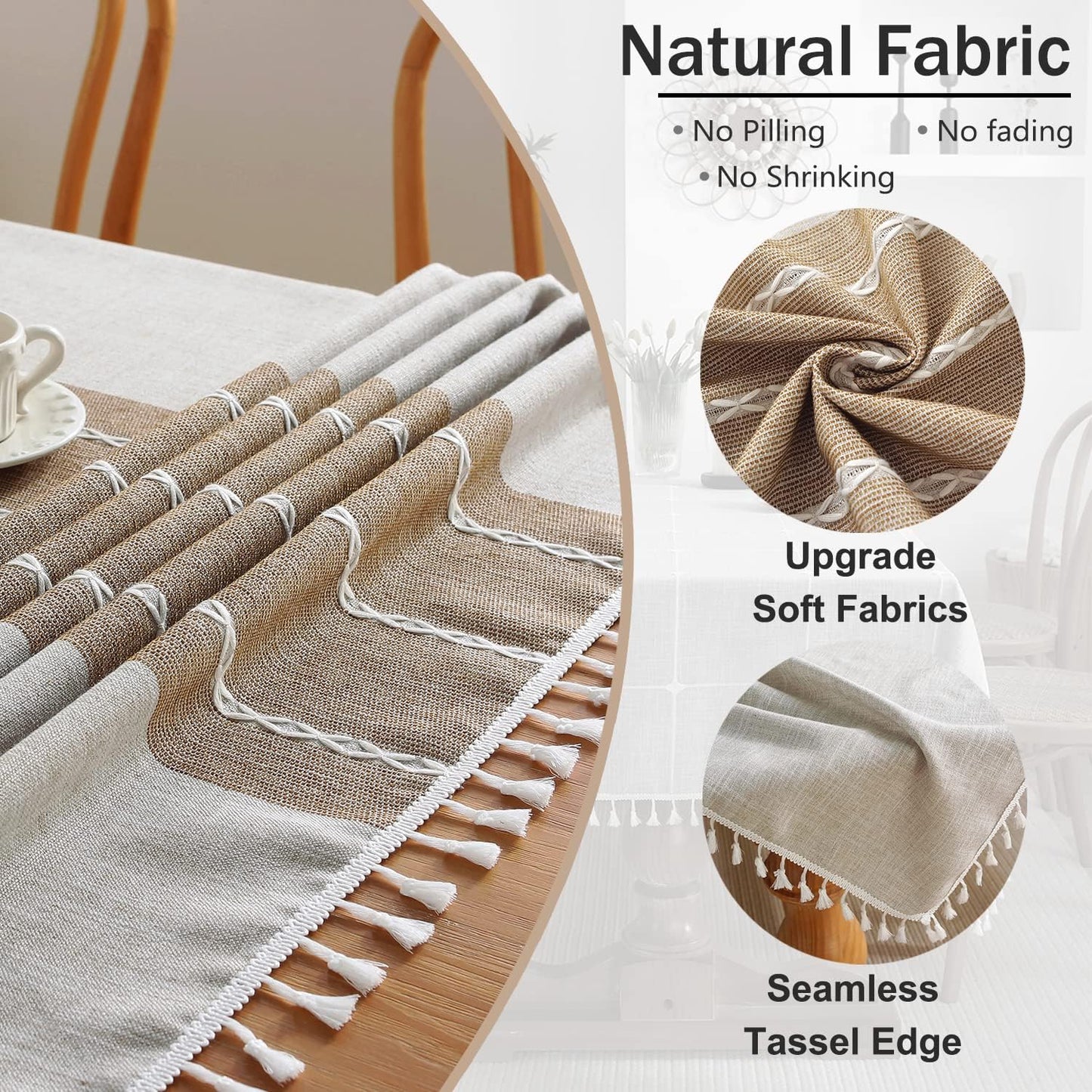 JIALE Tablecloths for Rectangle Tables, Cotton Linen Table Cloth Waterproof Tablecloth Wrinkle Free Farmhouse Dining Tables Cover, Soft Fabric Table Cloths with Tassels, Brown, 55" X 102", 8-10 Seats