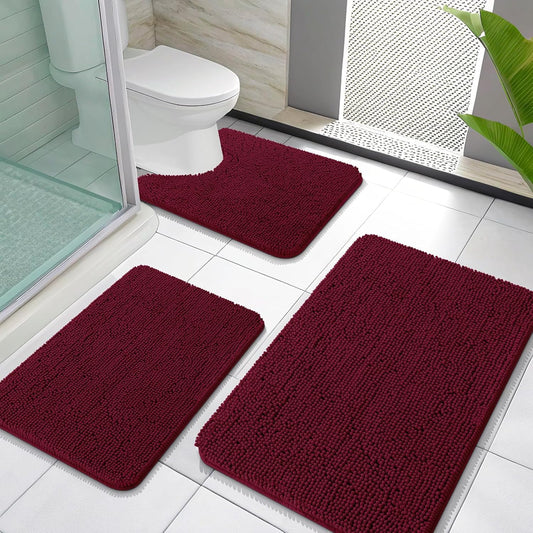 OLANLY Bathroom Rugs Sets 3 Piece, Soft Absorbent Chenille Bath Mats and U-Shaped Contour Toilet Rug, Quick Dry, Home Decor Accessories, Bath Mat Set for Bathroom (30"x20"+24"x16"+24"x20", Burgundy)