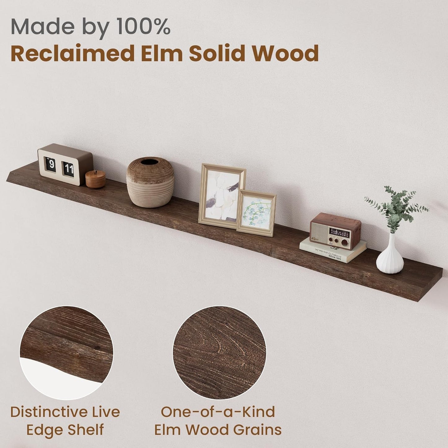 Floating Shelves for Wall Decor, Rustic Solid Elm Wood Live Edge Floating Shelves Wall Mounted, Wall Shelves with Invisible Bracket for Living Room Bathroom Bedroom Kitchen, 72 Inch, Walnut