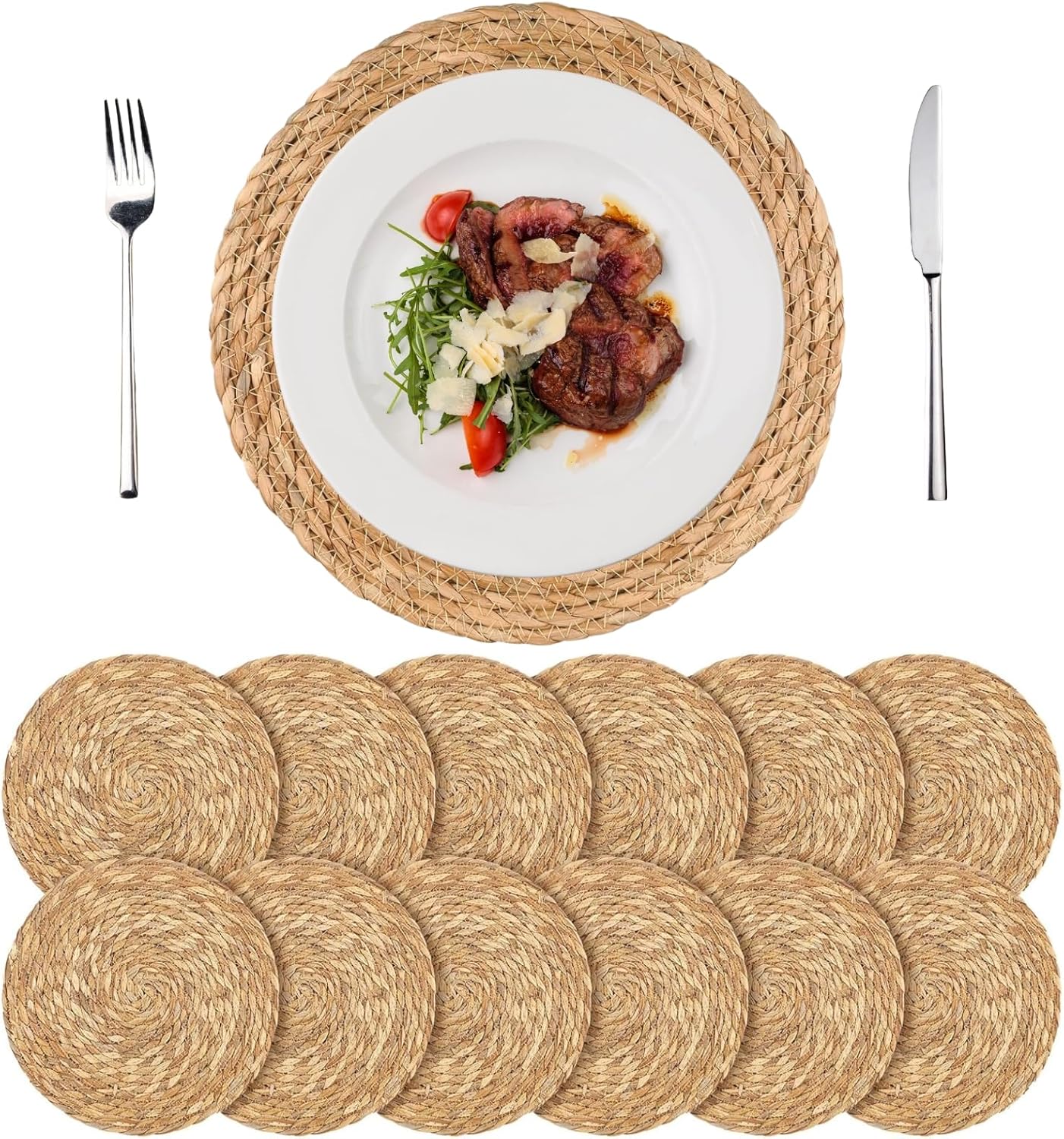 Round Woven Placemats Set of 12, 12" Boho Rattan Chargers for Dinner Plates, Natural Farmhouse Weave Place Mats, Rustic Braided Wicker Table Mats for Dining Table, Home, Outdoor