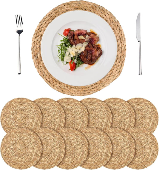 Round Woven Placemats Set of 12, 12" Boho Rattan Chargers for Dinner Plates, Natural Farmhouse Weave Place Mats, Rustic Braided Wicker Table Mats for Dining Table, Home, Outdoor