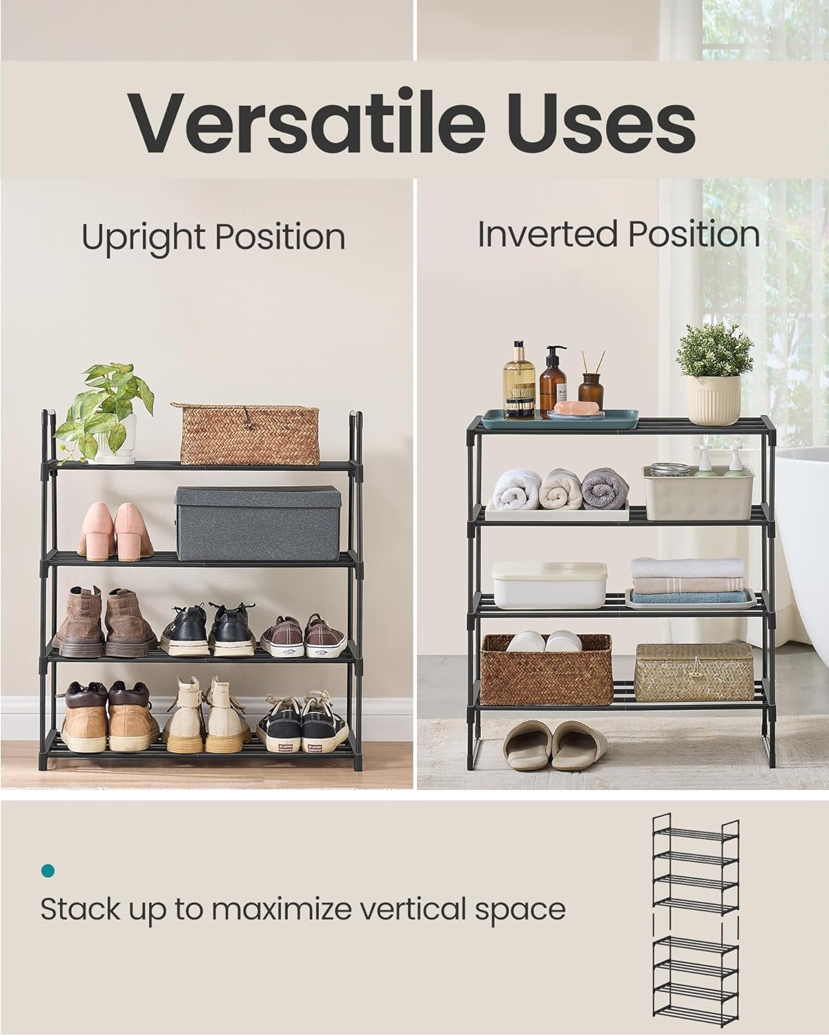 SONGMICS Shoe Rack, 4-Tier Shoe Organizer, Metal Storage Shelf, Upright or Upside Down, for 10-15 Pairs, Stackable, for Entryway, 11.8 x 26.8 x 29.5 Inches, Black ULSA204B01