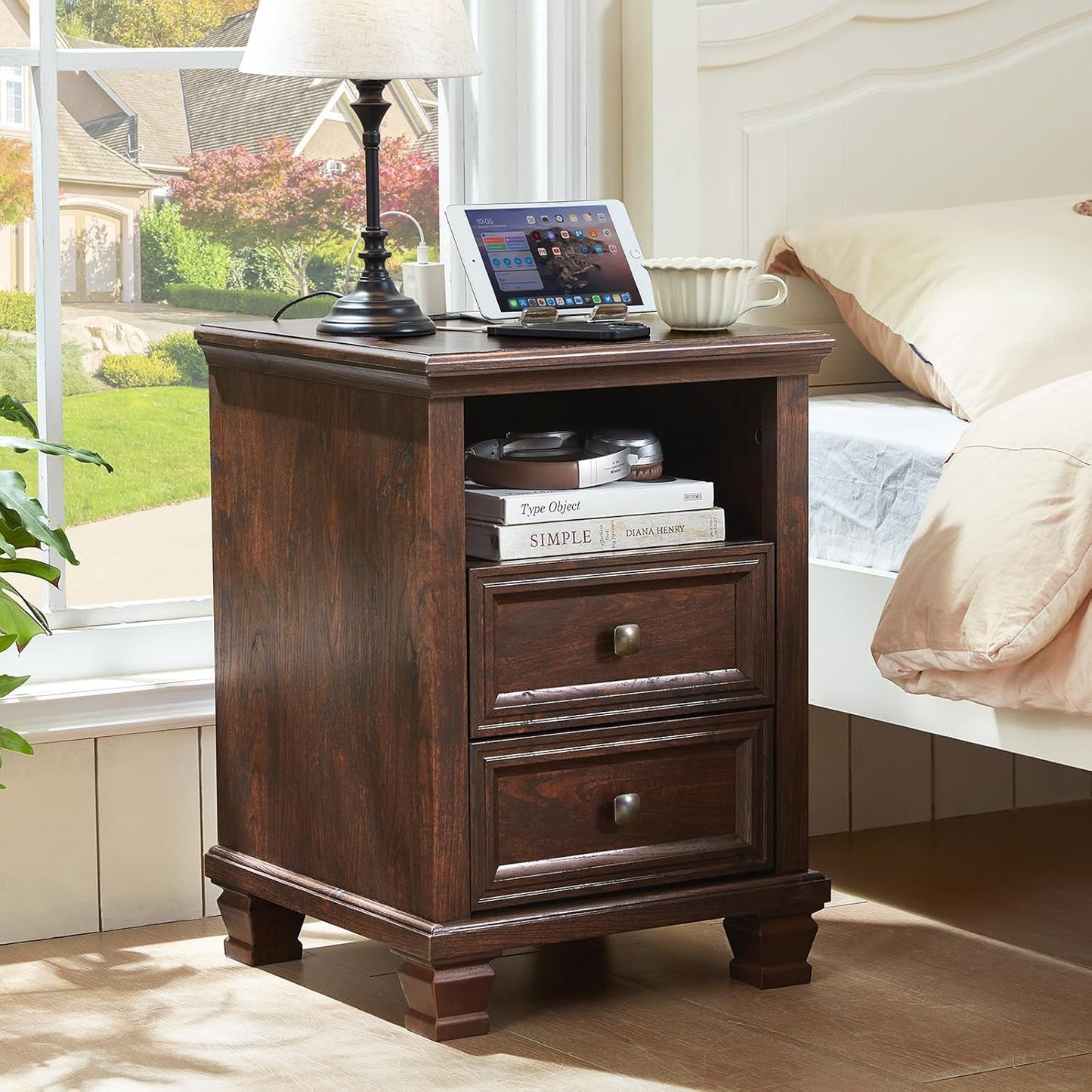 Farmhouse Nightstand with Charging Station, Rustic Brown Nightstand,2 Drawers End Table for Living Room,Bedside Table with Open Shelf for Bed Room,Walnut