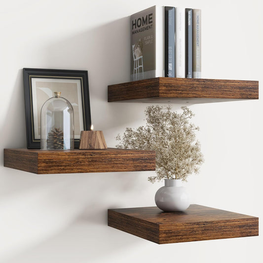 Floating Shelves for Wall with Invisible Brackets, Wall Mounted Engineered Wood Shelves with Wood Grain for Living Room, Bathroom, Kitchen Decor and Storage, Oak, 12"L Set of 3, Rustic Brown