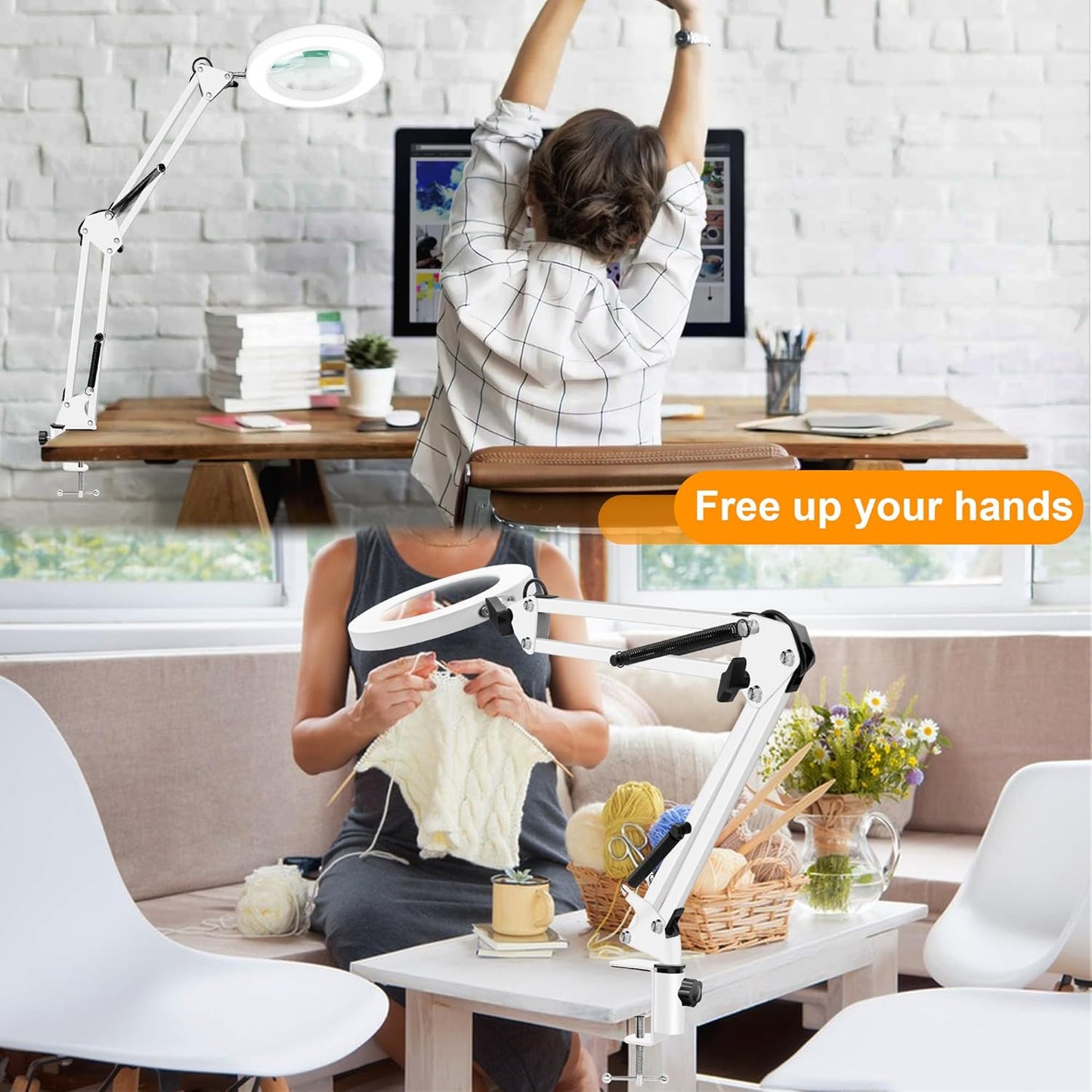 10X Magnifying Glass with Light and Stand, 2-in-1 LED Magnifier Desk Lamp, 3 Color Modes 10 Level Dimmable, Hands-Free Lighted Magnifier for Craft Repair Nail Reading Close Works (White, Base)