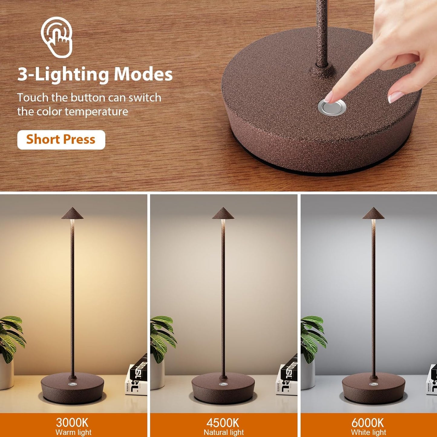 2Pack Rechargeable Cordless Table Lamp, Portable Powered LED Battery 6000mAh Metal USB Desk Lamp, 3 Levels Brightness Light for Restaurants Outdoor (2pack ferruginous)