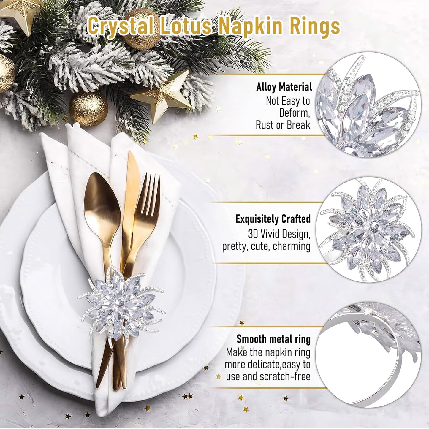 Legigo Set of 8 Christmas Lotus Flower Napkin Rings Set for Dinning Table Setting- Silver Rhinestone Xmas Winter Napkin Ring Holders for Cloth Napkins, Christmas Holiday Party Dinner Table Decoration