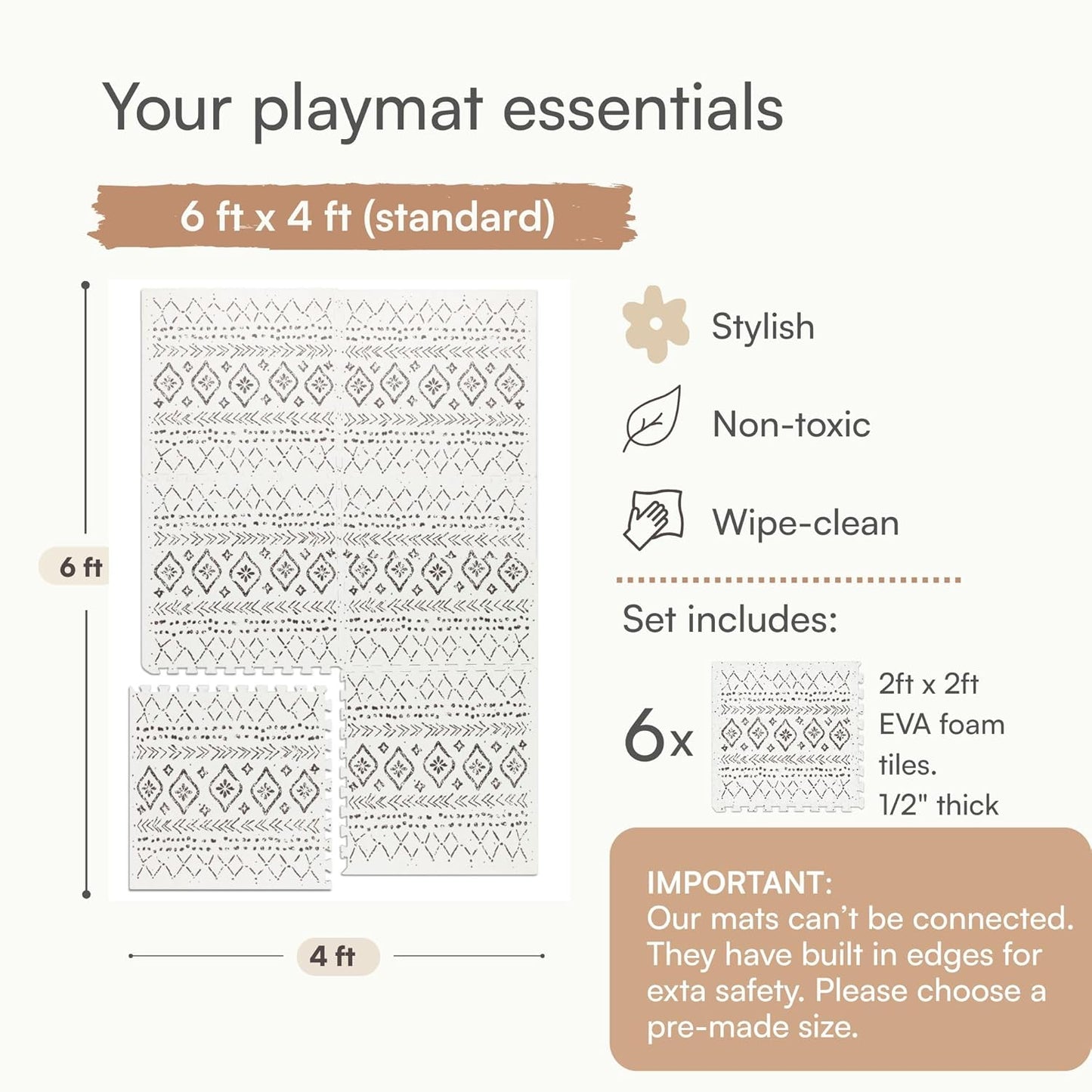 Baby Play Mat for Floor – 4x6ft Boho | Soft Non Toxic Premium EVA Foam Tiles for Tummy Time, Crawling & Playroom – Waterproof Interlocking Floor Mat for Babies & Toddlers by Lillefolk (6 Tiles)