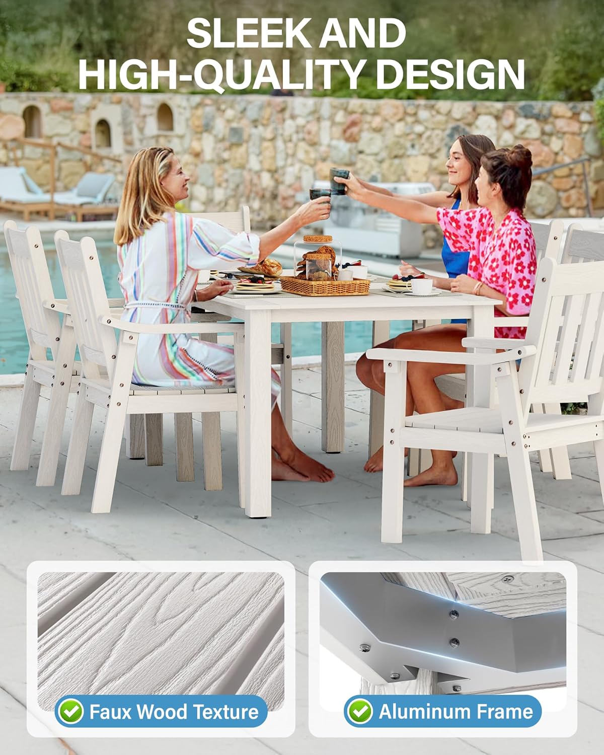 YEFU HIPS Patio Table Set: 7 Piece Outdoor Table and Chairs Dining Furniture Set with Umbrella Hole - White Modern Plastic Dining Sets 6 Person for Outside Deck with Metal Aluminum Frame