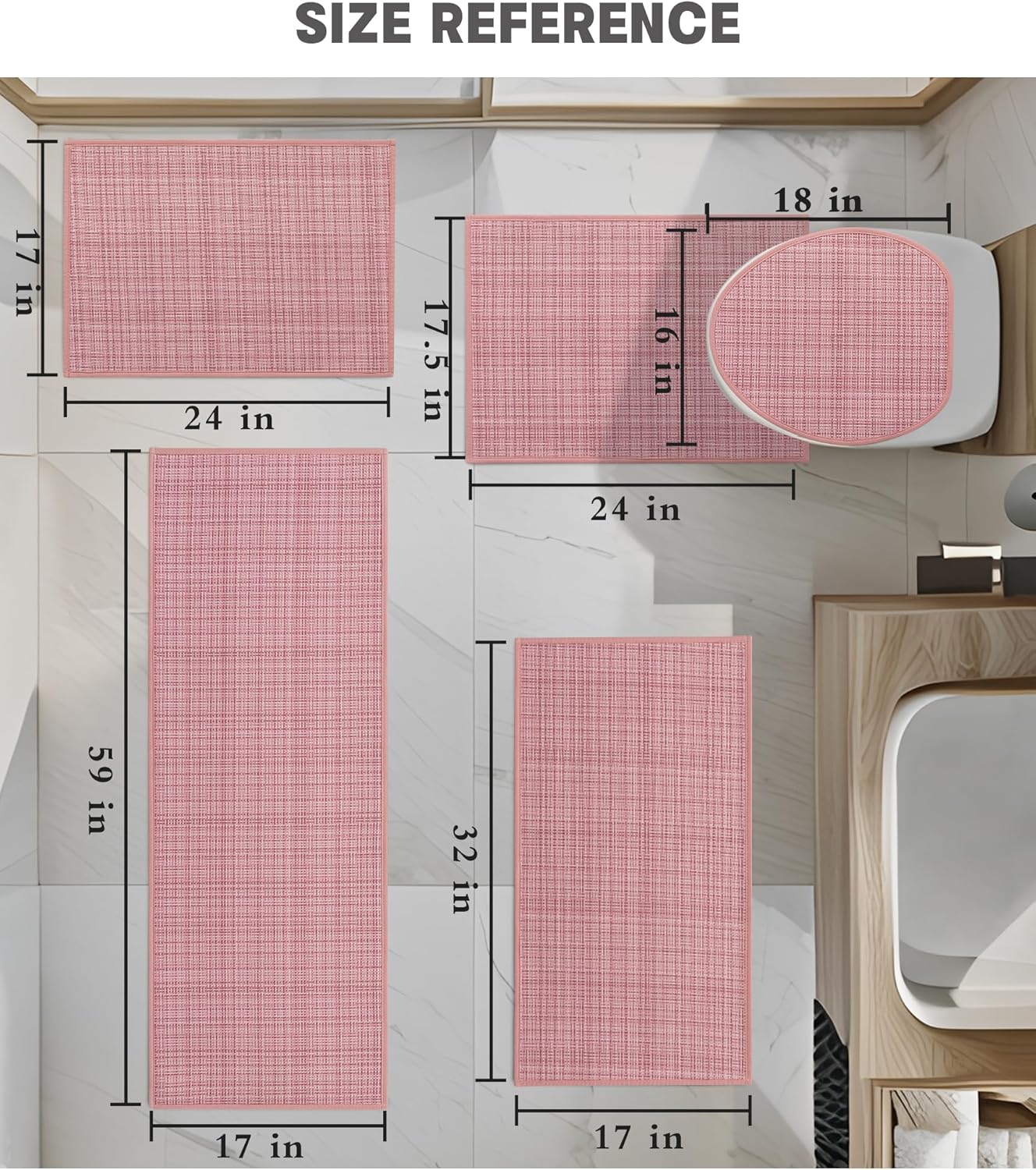 YIHOUSE Bathroom Rugs Sets 5 Pieces, Pink Ultra Thin Bath Mats Fit Under Door, Absorbent Quickly Dry Rubber Backing Braided Bath Mat Set, Non Slip Washable Bath Rugs for Bathroom Floor, Pink