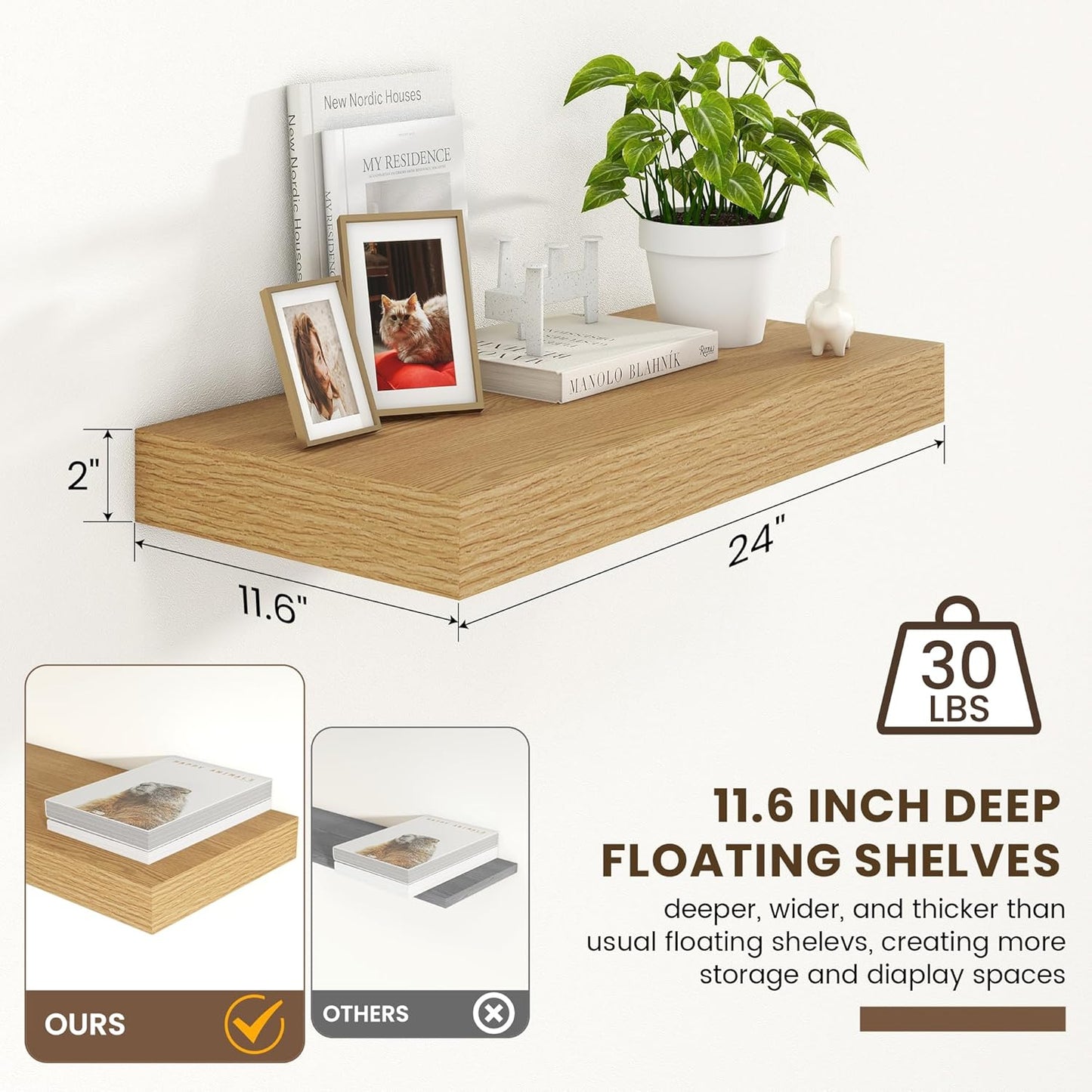 Deep Floating Shelves for Wall - 24 Inch Wide x 12 Inch Deep Oak Floating Shelves Set of 1-24W x 12D Rustic Wide Wood Wall Shelves - Bookshelf Laundry Shelf TV Shelf