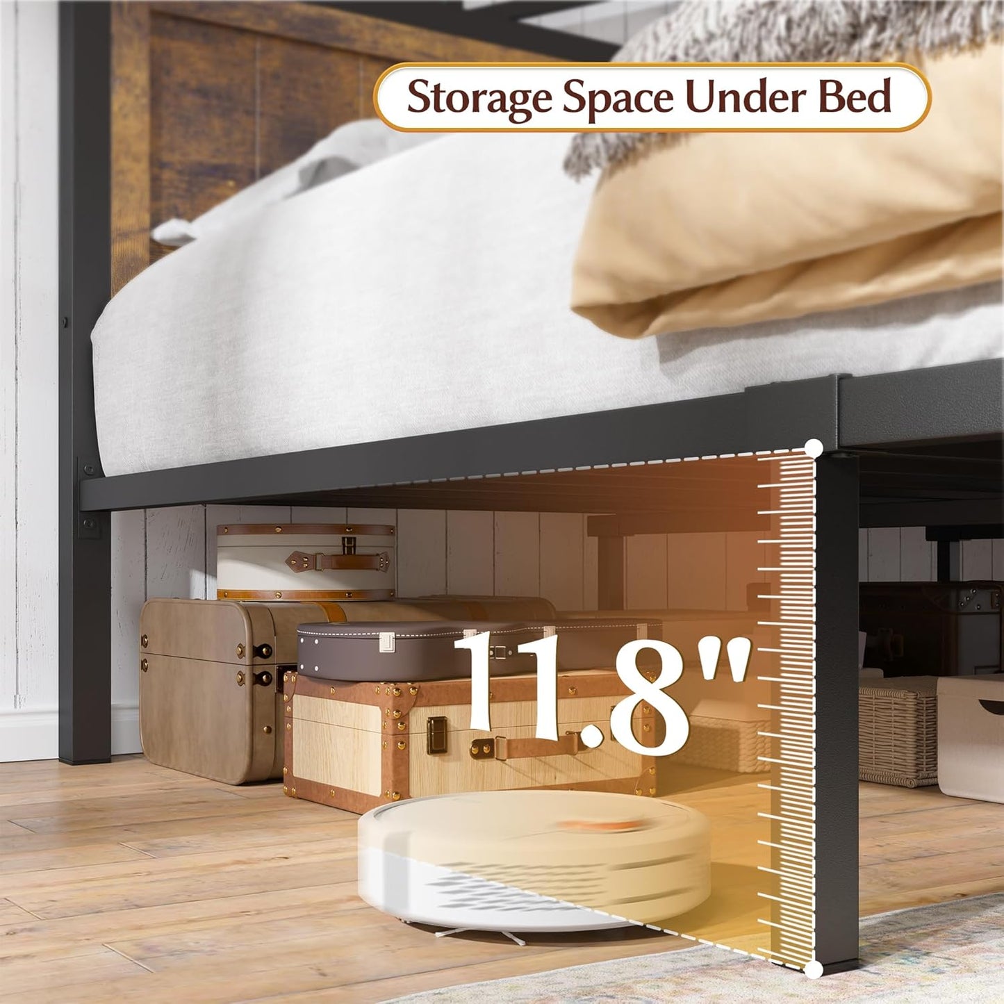 EnHomee Farmhouse King Size Bed Frame with 2 Storage Drawers & LED, Metal King Bed Frame Built in Charging Station,NO Noise,No Box Spring Needed,Brown