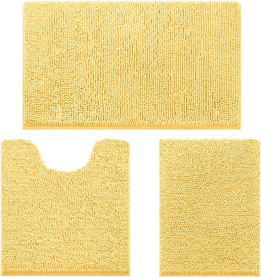 HOMEIDEAS 3 Pieces Bathroom Rugs, Ultra Soft Non Slip Absorbent Chenille Toilet Bath Mat Set (Yellow,17"x24"+20"x32"+U Shape 20"x24")
