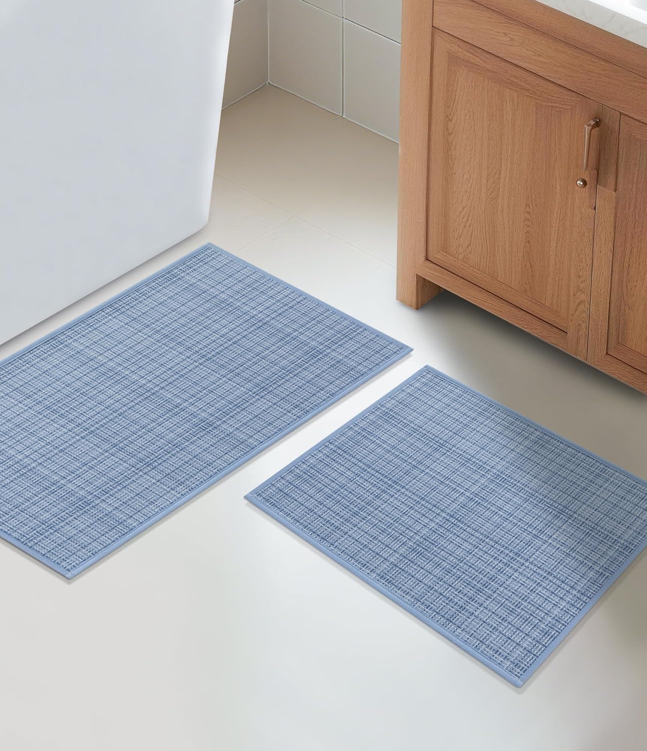YIHOUSE Bathroom Rugs Sets 2 Pieces, Blue Ultra Thin Bath Mats Fit Under Door, Absorbent Quickly Dry Rubber Backing Braided Bath Mat Set, Non Slip Washable Bath Rugs for Bathroom Floor, Blue