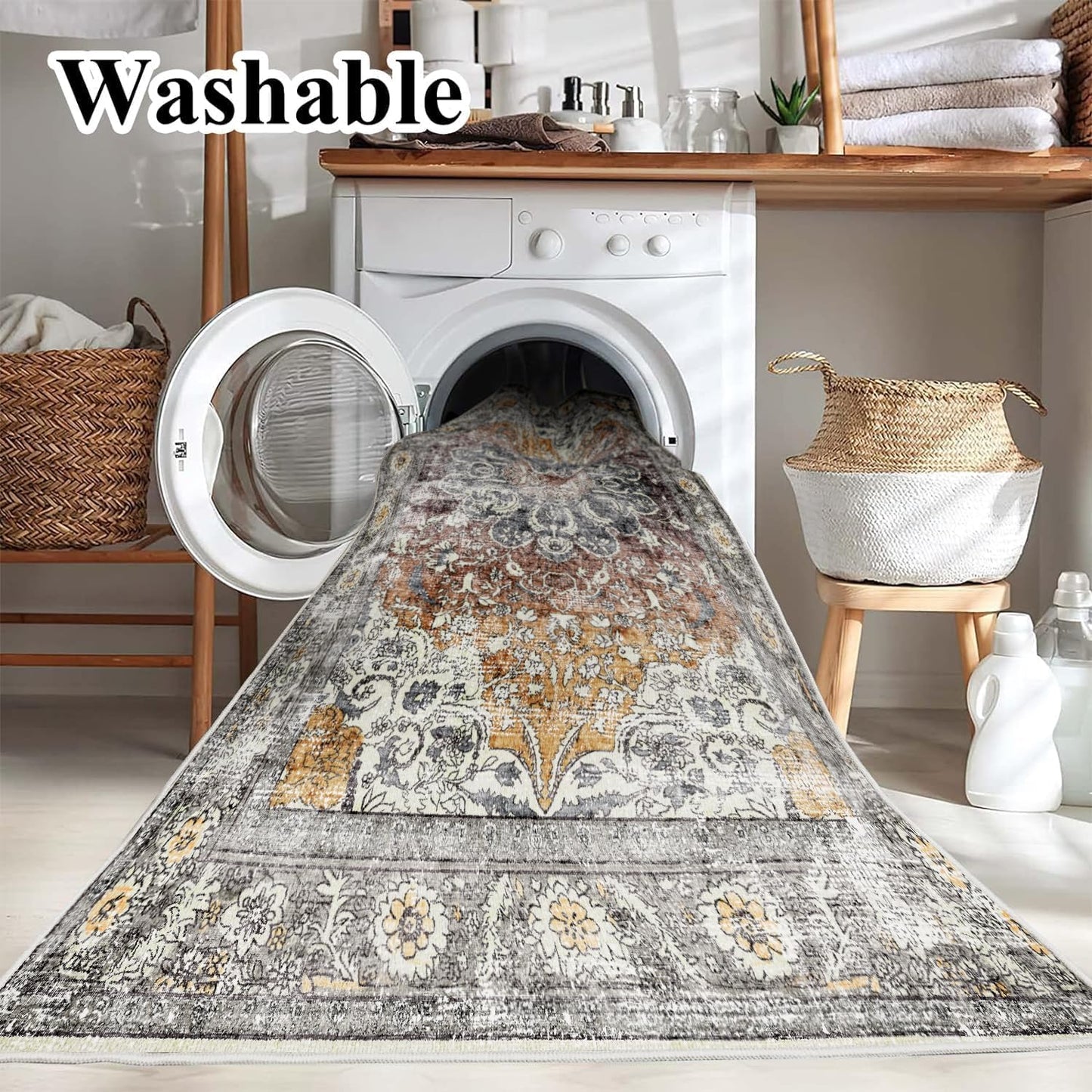 Area Rug 6x9 Washable Rug Brown Grey Vintage Traditional Distressed Thin Retro Kitchen Indoor Floor Cover Non Slip Carpet Floral Print Mat Living Room Bedroom Dining Room