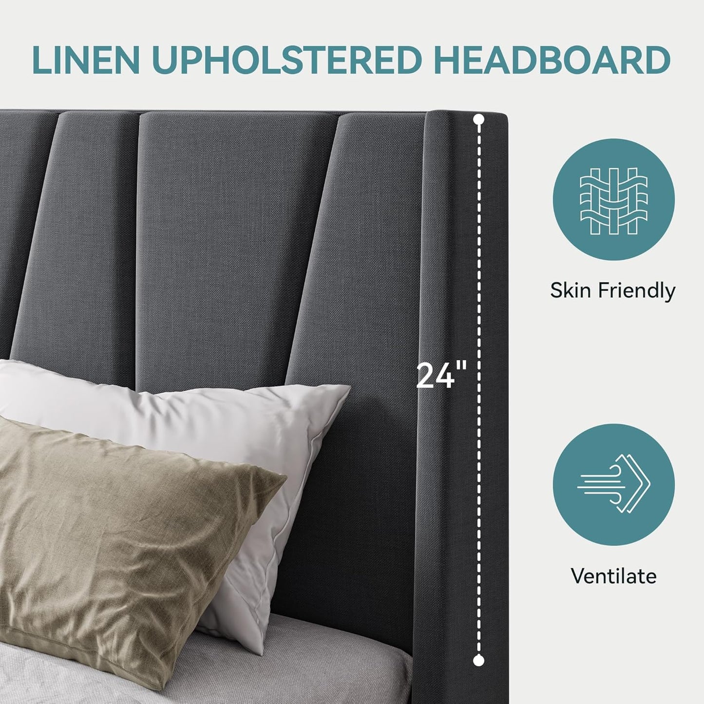 HOOMIC Full Size Upholstered Platform Bed Frame with Modern Geometric Wingback Headboard, Wooden Slats, No Box Spring Needed, Mattress Foundation, Dark Grey