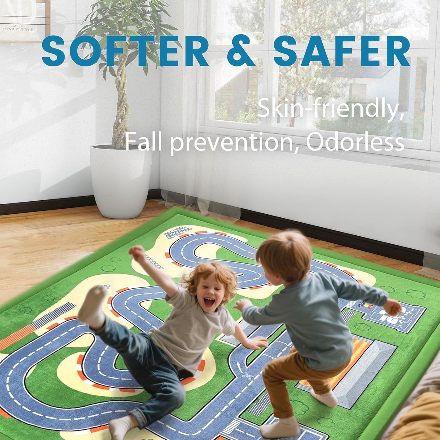 1.3" Thick Educational Baby Floor Play Mat 59x79, Basic Padded Memory Foam Kids Mat, Non-Slip Plush Playmat for Nursery Playroom Classroom (Race Track)