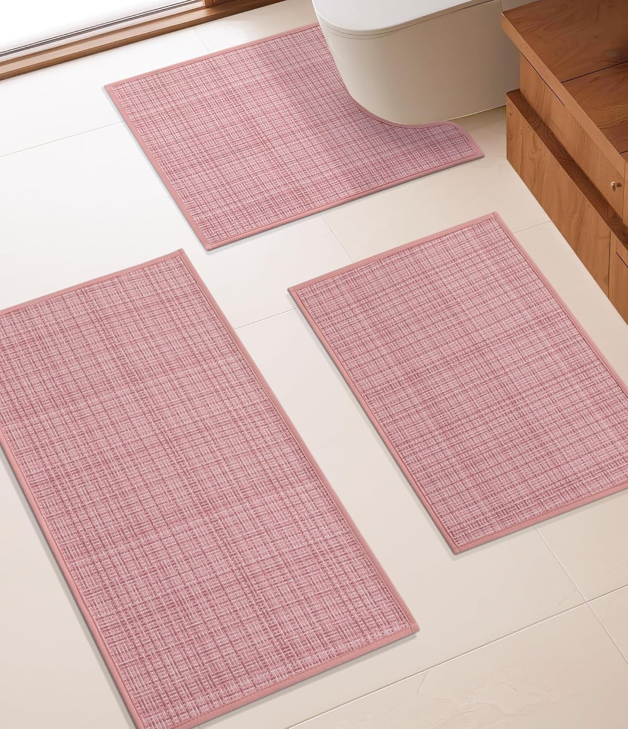 YIHOUSE Bathroom Rugs Sets 3 Pieces, Pink Ultra Thin Bath Mats Fit Under Door, Absorbent Quickly Dry Rubber Backing Braided Bath Mat Set, Non Slip Washable Bath Rugs for Bathroom Floor, Pink