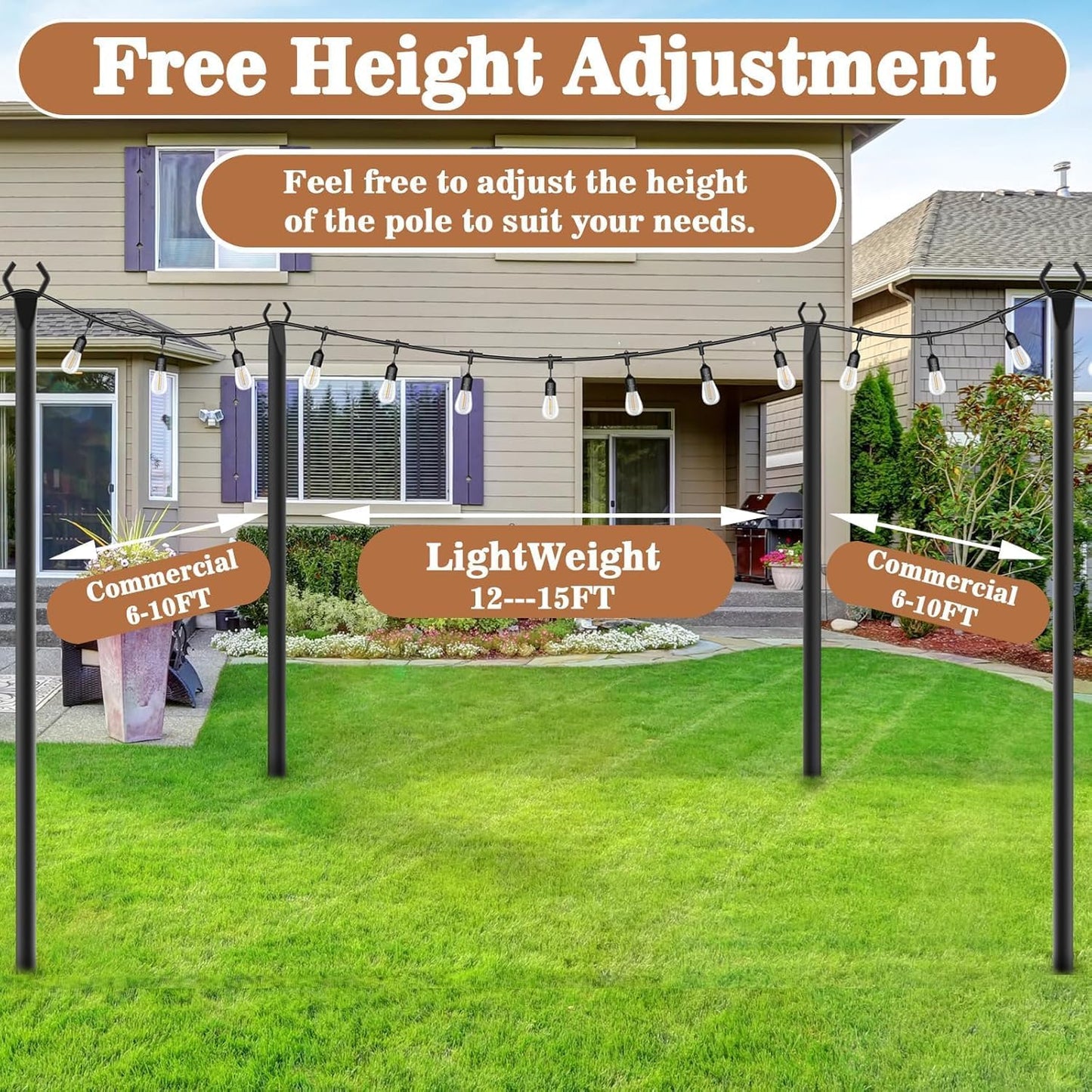 10 Pack String Light Poles,Metal Poles for Hanging Outdoor Light Strings,7 Pack 10 FT Light Poles Stand for Outside Garden,Patio,Wedding,Backyard,Deck,Party