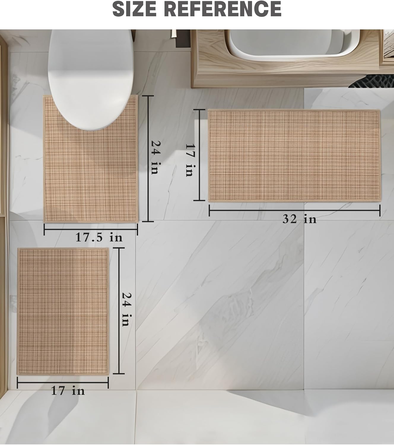 YIHOUSE Bathroom Rugs Sets 3 Pieces, Khaki Ultra Thin Bath Mats Fit Under Door, Absorbent Quickly Dry Rubber Backing Braided Bath Mat Set, Non Slip Washable Bath Rugs for Bathroom Floor, Khaki