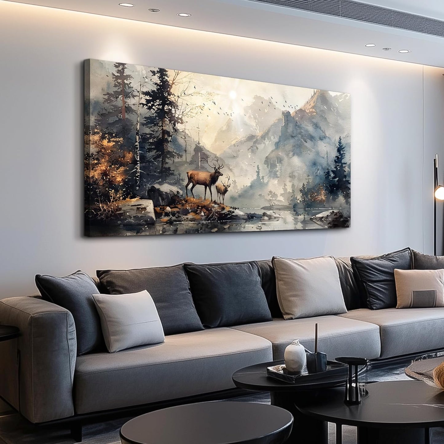 FUHAIHUA Large Wall Decor For Living Room Canvas Wall Art For Office Bedroom Wall Pictures Mountain Forest Landscape Ink Painting Deer Poster Artwork Room Home Decor Modern Aesthetic Mural 30x60 In
