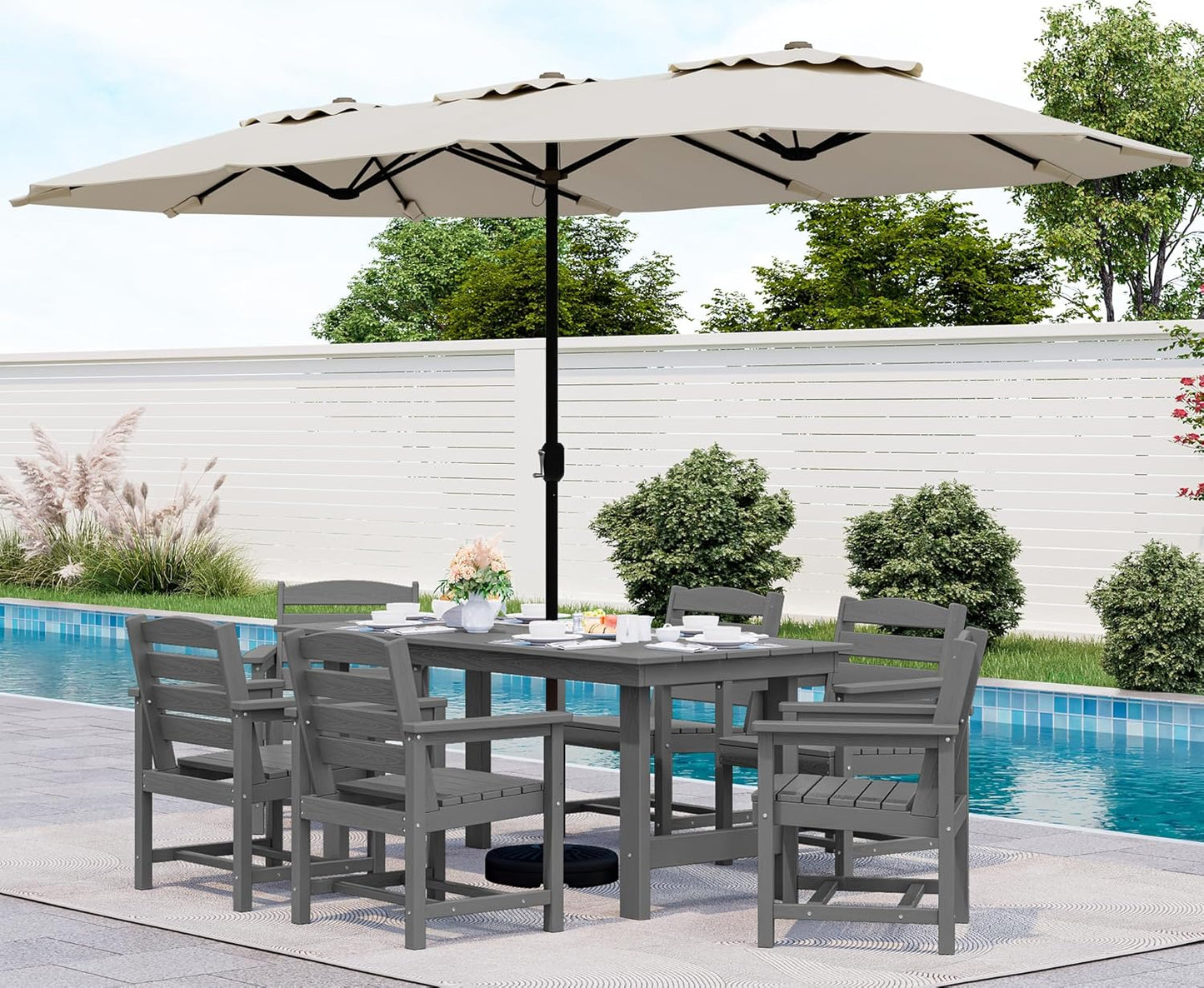 SERWALL 8-Piece Patio Dining Sets with 15FT Double Side Patio Umbrella, Outdoor HDPE Dining Furniture Set with Umbrella Hole Cut-Out Table and 6 Chairs, Gray（Umbreall Base not Included）